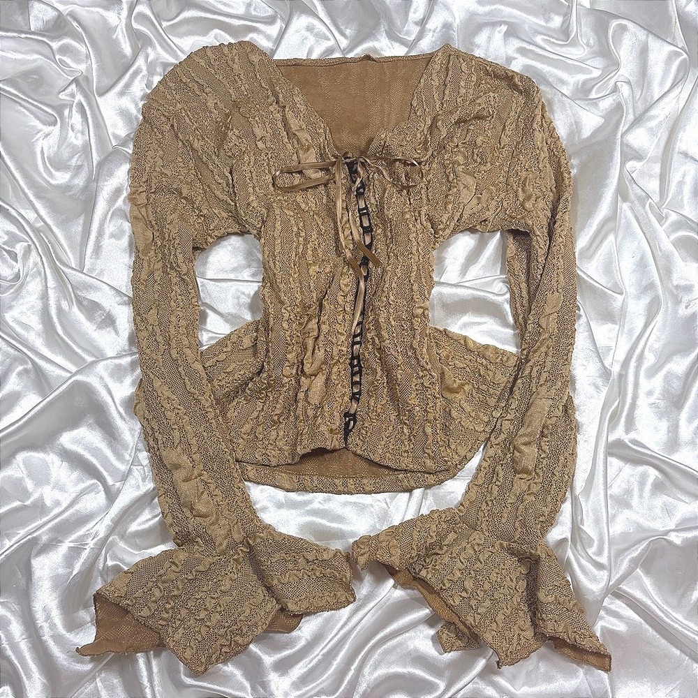 y2k Vintage Top Tan Excellent Ribbon Lace Up Textured Popcorn Knit Bell Sleeve
